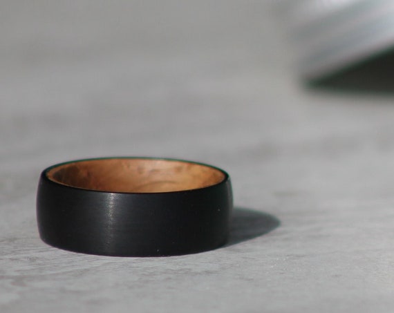 MENS WEDDING BAND Black Titanium & Oak Whiskey Barrel, Personalized Interior Engraving, Free Re-Sizes,