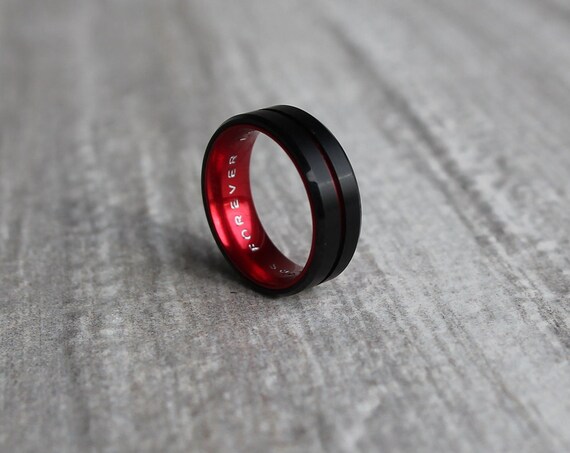 Mens Wedding Ring, Blood Red, FREE INTERIOR ENGRAVING, Chrome Red Inlays, Man Ring, Wedding Band, Personalized Ring, Anniversary Gift, Blood