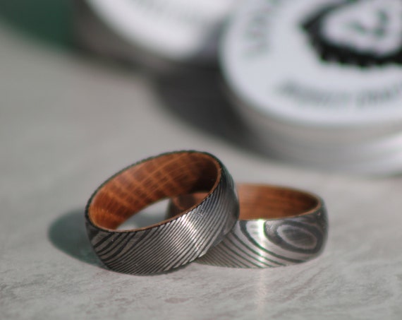Man Ring, Wedding Band, Anniversary Ring, FREE SIZE EXCHANGES, Free Engraving, Damascus & Whiskey Barrel Oak, Lifetime Warranty, Handcrafted
