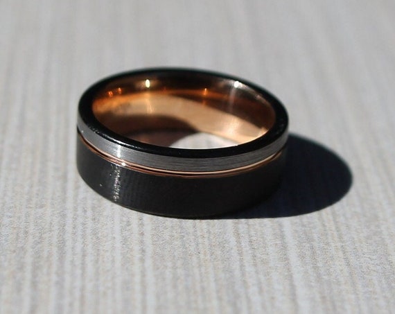 MENS WEDDING BAND, Black Gold Silver, Man Ring, Anniversary, Tungsten Carbide Strength, Brushed Black, Polished Gold & Silver, Comfort Fit!