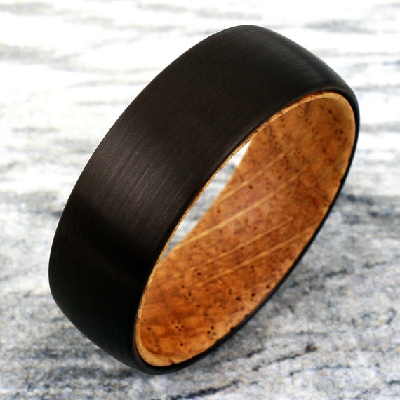 MENS WEDDING BAND Black Titanium w/ Oak Whiskey Barrel Liner