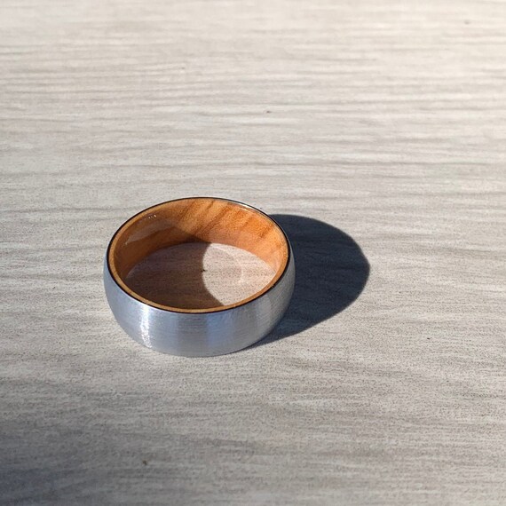 Oak Whiskey Barrel Liner w/ Domed Brushed Silver Tungsten Etsy