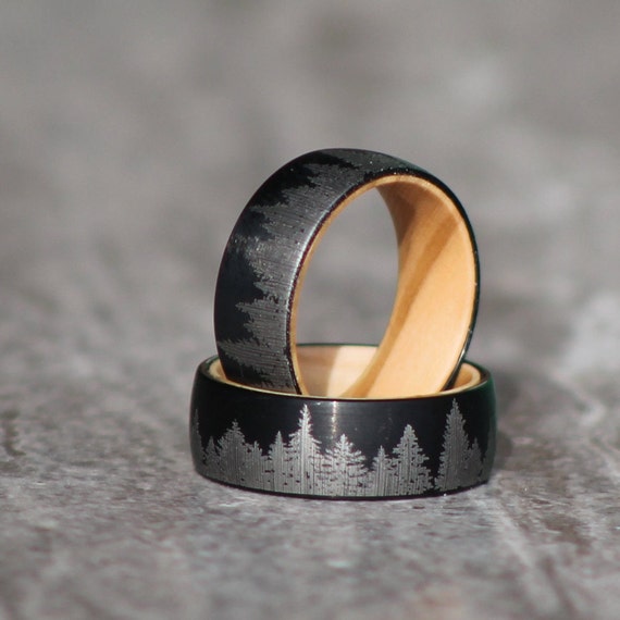 His & Her Rings, Couples Wedding Bands, Commitment Rings, Boyfriend Girlfriend Rings, Forest Rings, Nature Lovers, Pine Wood Liner, Engraved