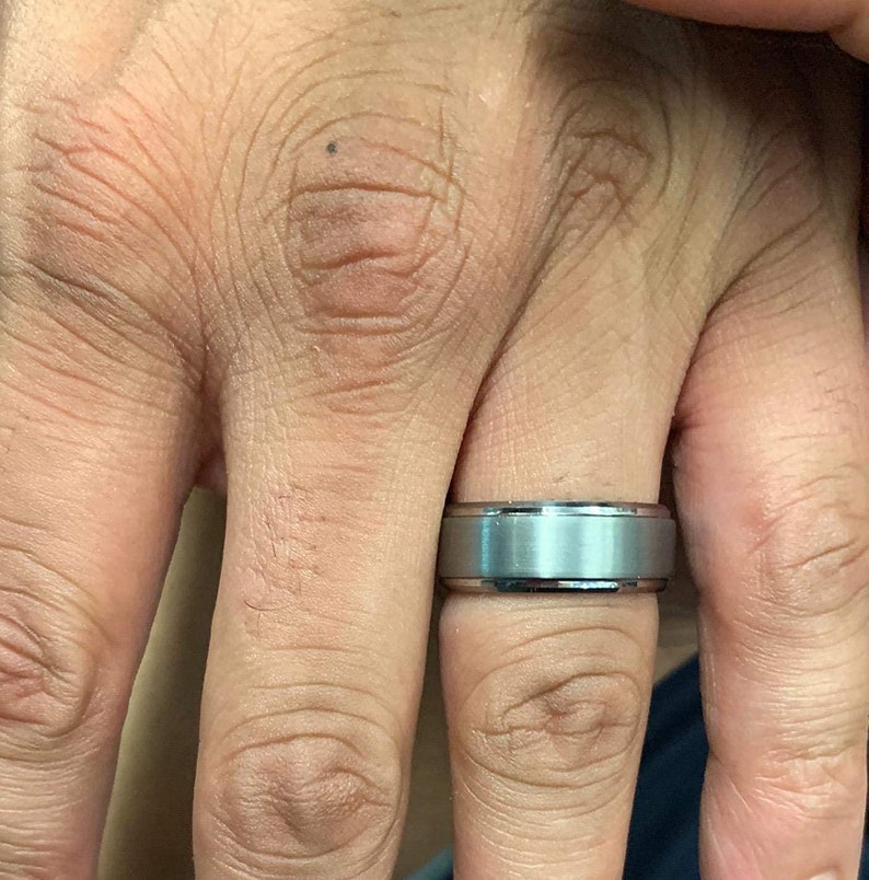 Personalized Wedding Ring Tungsten Carbide Wedding Band ENGRAVED WEDDING RING Free Interior Engraving Brushed Silver w Beveled Edges