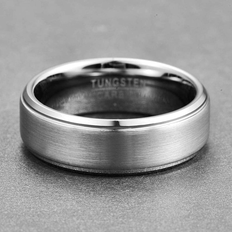 Personalized Wedding Ring Tungsten Carbide Wedding Band ENGRAVED WEDDING RING Free Interior Engraving Brushed Silver w Beveled Edges