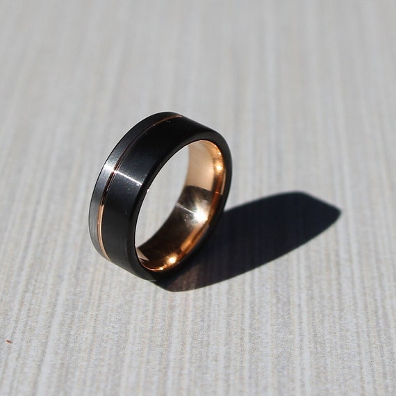 MENS WEDDING BAND, Black Gold Silver, Man Ring, Anniversary, Tungsten Carbide Strength, Brushed Black, Polished Gold & Silver, Comfort Fit!