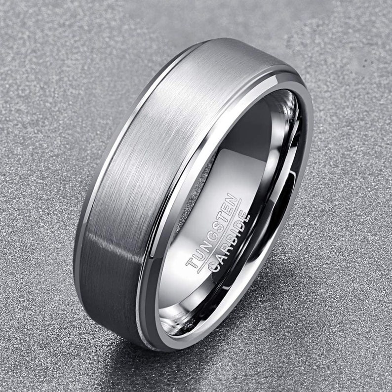 Personalized Wedding Ring Tungsten Carbide Wedding Band ENGRAVED WEDDING RING Free Interior Engraving Brushed Silver w Beveled Edges