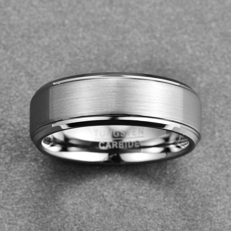 Personalized Wedding Ring Tungsten Carbide Wedding Band ENGRAVED WEDDING RING Free Interior Engraving Brushed Silver w Beveled Edges