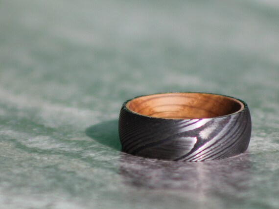 Wedding Band, Damascus Steel Ring, Oak Barrel Wood, Unique Patterns, Hand Forged, Warm Golden Wood , Damascus Steel Strength, Will Not Rust