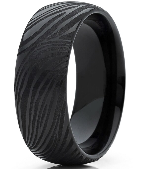 MENS RING Black Damascus Wedding Band Tungsten Carbide Black Grey Damascus Grain Comfort Fit Liner