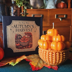May include: A black square candle box with a tan label featuring the text "The Worst Wick," "AUTUMN'S HARVEST," and "BURN AT YOUR OWN RISK" above an illustration of pumpkins in a basket. Next to it is a pumpkin-shaped candle in a woven basket.