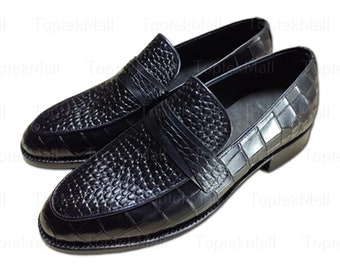 View of Handmade Men's Leather Stylish Blue Crocodile Skin Loafers Slip Ons ...