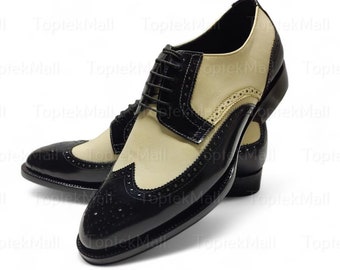Handgefertigte Herren Leder Schwarz Beige Stilvolle Trendy Kleid Oxford Flügelspitze Modische Schuhe-107