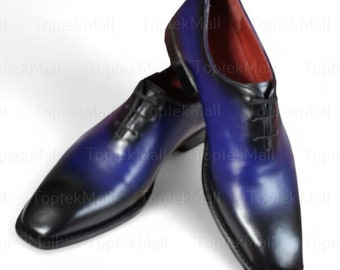 Handmade Men's Leather Oxford Dress Blue Colour Stylish Formal Style Designer Wingtip Shoes -28
