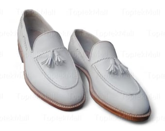 Handmade Men's Leather White Designer Two Tone Slip Ons Elegant Loafers with Tussles Formal Shoes-140