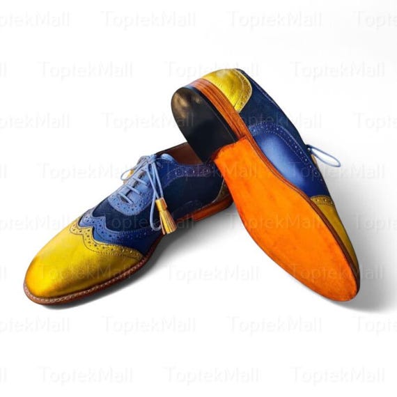 Handmade Men's Leather Unique Design Stylish Blue and Yellow Designer Wingtip Formal laced Textured Oxfords Elegant Shoes-201