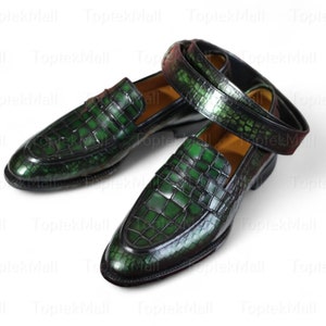 Handmade Men&#39;s Leather Dress Green Coloured  Stylish Formal Crocodile Designer Shoes-29