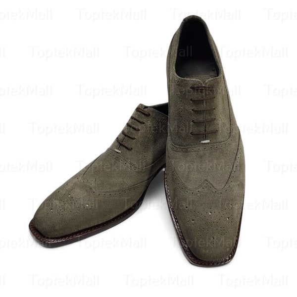 Handmade Men's Leather Suede Grey Stylish Modish Designer Dress Formal  Elegant Wingtip  Shoes-108