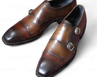 Handmade Men's Leather Dark Coloured Dress Stylish Monk Straps Formal Style Designer Shoes -27
