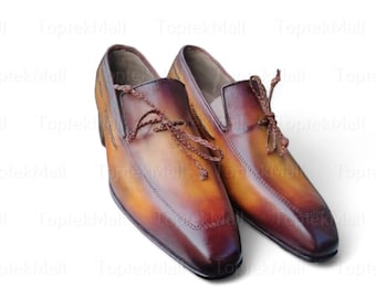 Handmade Men's Leather Brown coloured Designer Two Tone Slip Ons elegant Loafers Formal Shoes-138