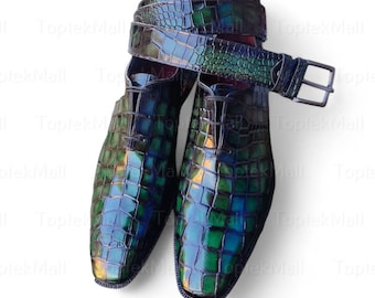 Handmade Men's Leather Green Crocodile Texture Unique Trendy  Formal Oxfords Elegant Wingtip Shoes-126