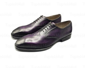 Handmade Men's Leather New Wingtip Dress Purple Stylish Formal Style Designer Oxfords Shoes -100