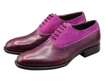 Handmade Men's Leather & Suede Two Tone Stylish Purple Formal Wingtip Oxfords Shoes-8