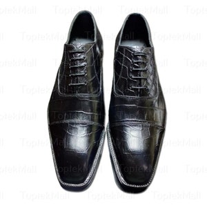 Handmade Men&#39;s Leather Lace-up Black Colour Trendy Formal Oxford Dress Crocodile Skin Shoes-70