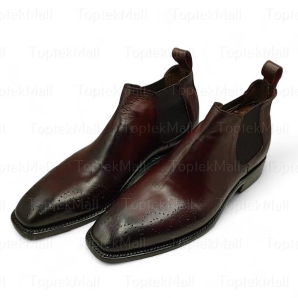 Handmade Men's Leather Ankle High Maroon Stylish Designer Elegent Formal Shoes Chelsea Boots-135