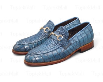 Handgefertigte Herren Leder Blau Stilvolle Trendy Kleid formale Müßiggänger Designer Slip On Schuhe-111