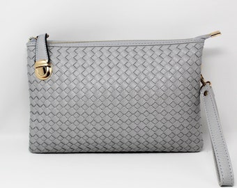 dove grey suede clutch bag