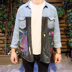 Hand painted Denim shirt streetArt Heart Brain Colours Graffiti Black handmade customized faces double spray quote