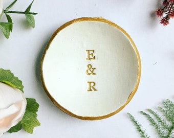 Personalised initials clay trinket dish, white & gold ring holder, Ring and earring organiser, trinket holder, jewelry dish, wedding gift