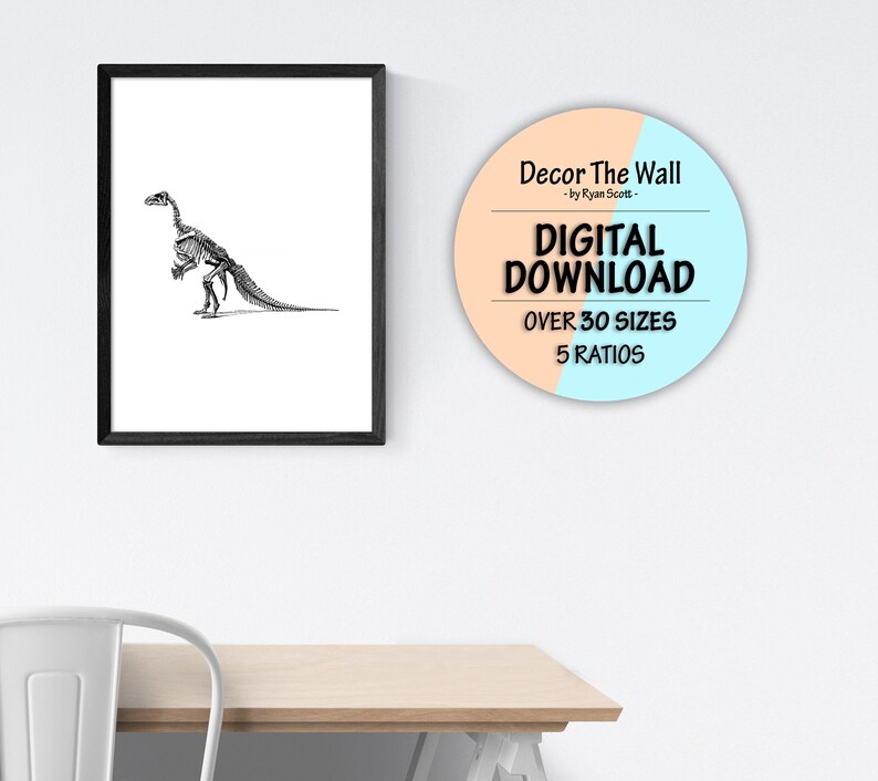 May include: A black and white illustration of a dinosaur skeleton in a black frame. A round sticker with a peach and blue background reads "Decor The Wall - by Ryan Scott - DIGITAL DOWNLOAD OVER 30 SIZES 5 RATIOS"
