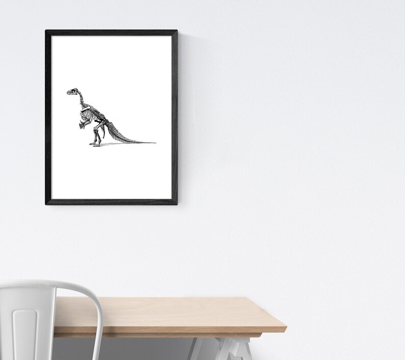 May include: Black and white illustration of a dinosaur skeleton in a black frame.