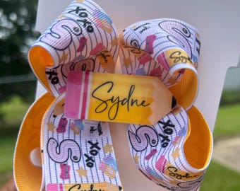 Medium or Large Back to School Hair Bow, Pencil Inspired Hairbows, Pre K Personalized Hair Bow, First Day of School