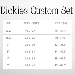 Op de afbeelding: Een witte tabel met zwarte tekst met de tekst "Dickies Custom Set". De tabel geeft maten van 12M tot 5T weer, met bijbehorend gewicht in ponden en lengte in inches, vari&euml;rend van 71 cm tot 113 cm.