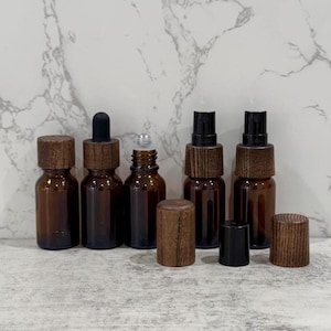 Amber Glass Bottle Set | 15mL Essential Oil, Serum, Perfume with Ash Wood Cap