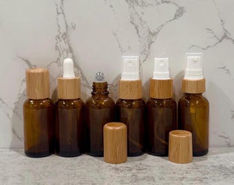 Amber Glass Bottle Set | 30mL Essential Oil Containers with Bamboo Lids