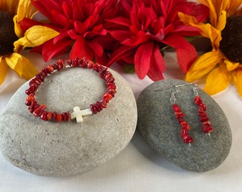 Red Bamboo Coral Chips, w/Reconstituted White Cross Stone, Healing Bracelet.