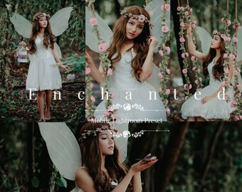 May include: A composite image featuring a woman in a white dress, fairy wings, and a floral crown. The word "Enchanted" is displayed in the image. The woman is in a forest setting, with a swing decorated with pink flowers.