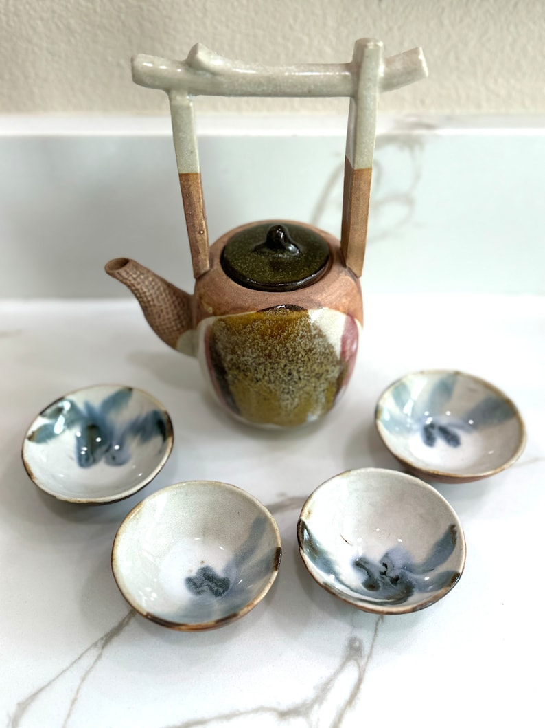 Rare, water well handle Japanese teapot with four tiny teacups in white, blue and maroon glaze. Hand glazed stoneware mini teapot. Signed on the bottom. Estate decor. Tea ceremony sets.