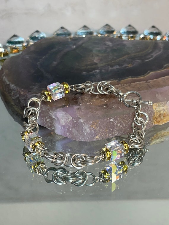 Rainbow Iridescent Linked Bracelet with Crystal A… - image 10