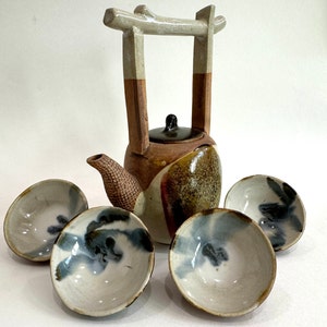 Rare, water well handle Japanese teapot with four tiny teacups in white, blue and maroon glaze. Hand glazed stoneware mini teapot. Signed on the bottom. Estate decor. Tea ceremony sets.