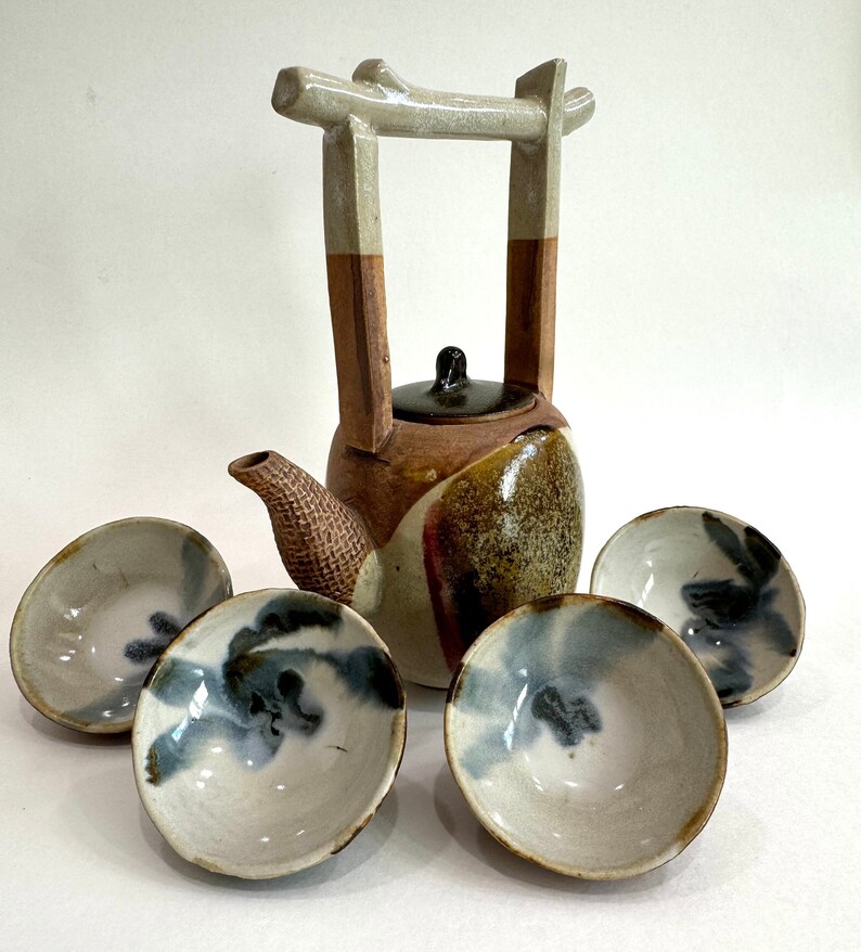Rare, water well handle Japanese teapot with four tiny teacups in white, blue and maroon glaze. Hand glazed stoneware mini teapot. Signed on the bottom. Estate decor. Tea ceremony sets.