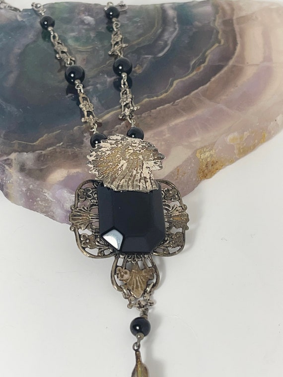 Indian Headdress Onyx Necklace with Buffalo, Antiq