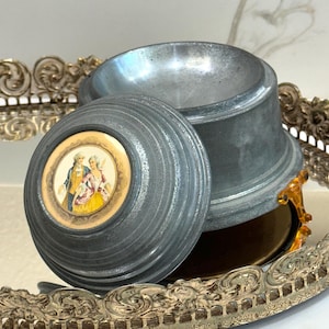 Vintage Circa 1940 Victorian Motif Footed Metal Loose Powder Musical Box, Lidded, Powder Room Decor, Ladies Vanity, Unique Gifts, Rare Find