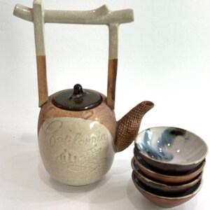 Rare, water well handle Japanese teapot with four tiny teacups in white, blue and maroon glaze. Hand glazed stoneware mini teapot. Signed on the bottom. Estate decor. Tea ceremony sets.