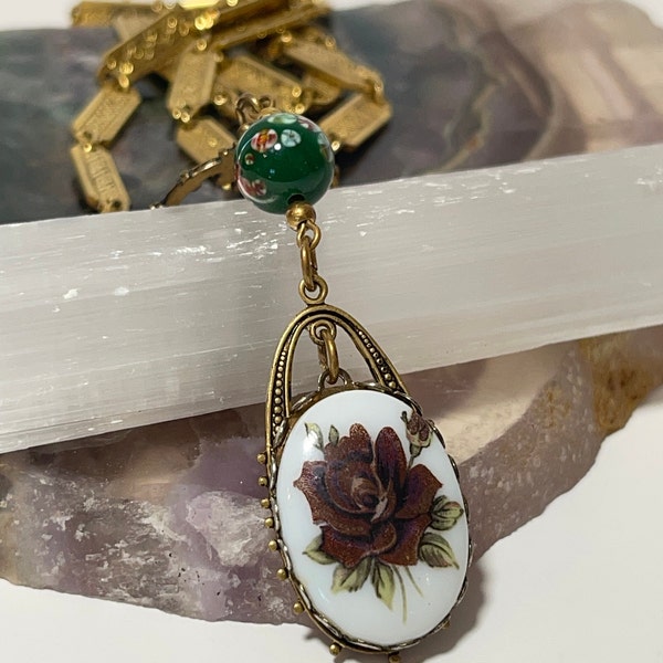 Victorian Hand Painted Rose on White Stone Pendant Green Millefiori, Vintage Rare Find