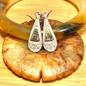 Vintage Sterling Silver .925 Abalone Shell Inlay Teardrop Earrings, Old Silver,Gifts for Her